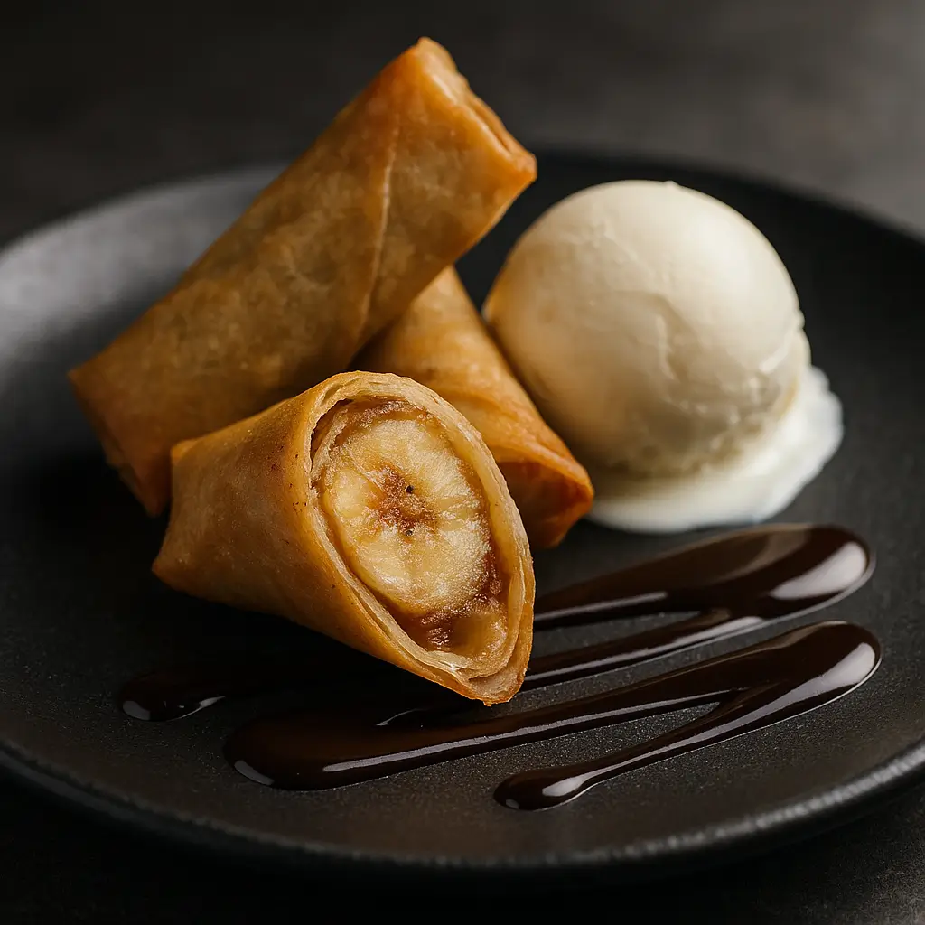 Served with chocolate sauce & vanilla ice cream.
