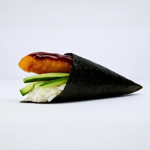 fried fish tempura, fresh avocado, and crisp cucumber.