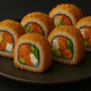 Crunchy Crazy Maki Kani kama, salmon, avocado, asparagus, cream cheese, masago bredded & deep fry.