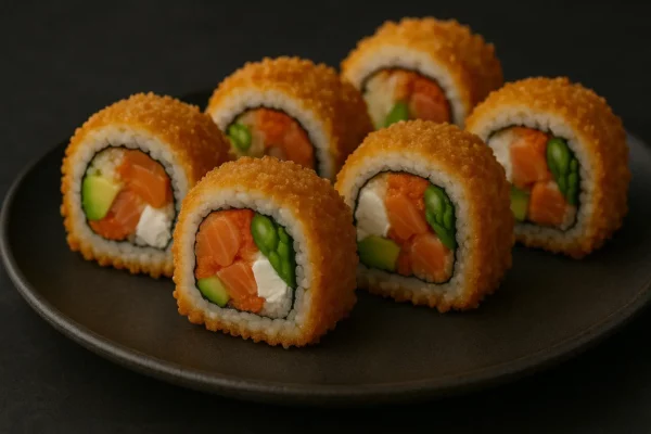 Crunchy Crazy Maki Kani kama, salmon, avocado, asparagus, cream cheese, masago bredded & deep fry.