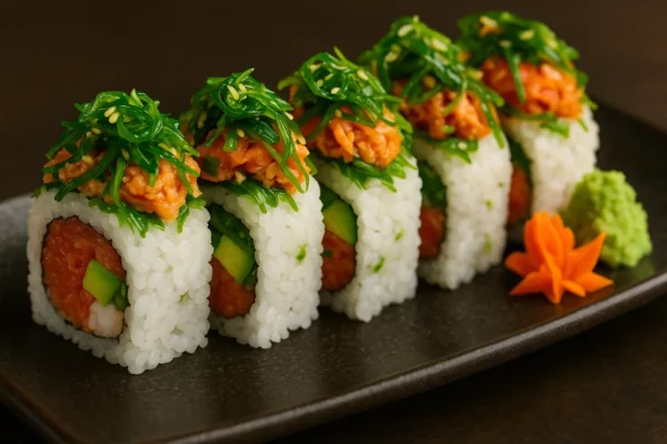 Spicy Lori Maki Spicy tuna, avocado, scallion topped with spicy crab cucumber seaweed salad
